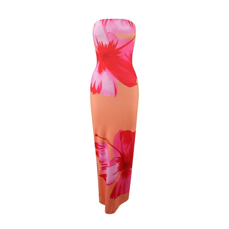 Robe longue d’été sans bretelles à imprimé floral