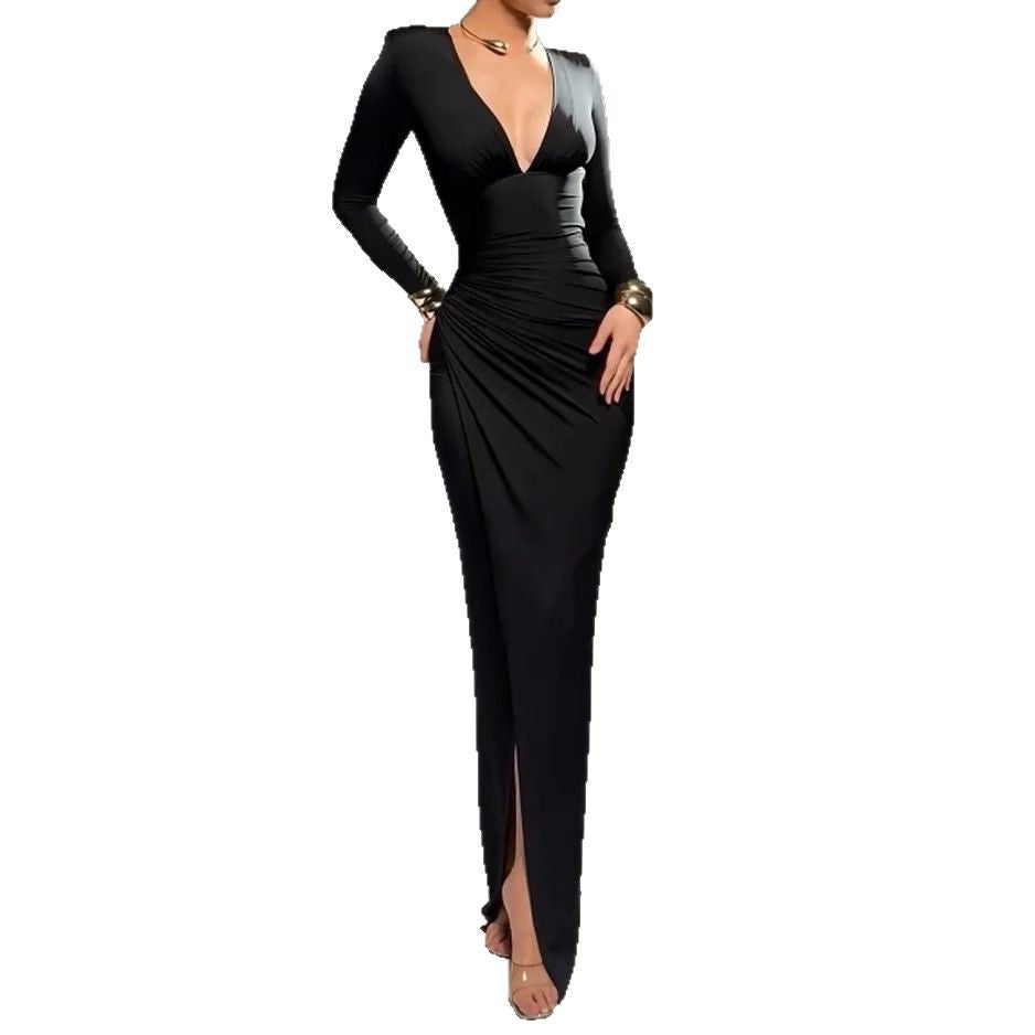 Robe longue moulante noire à fente – Manches longues