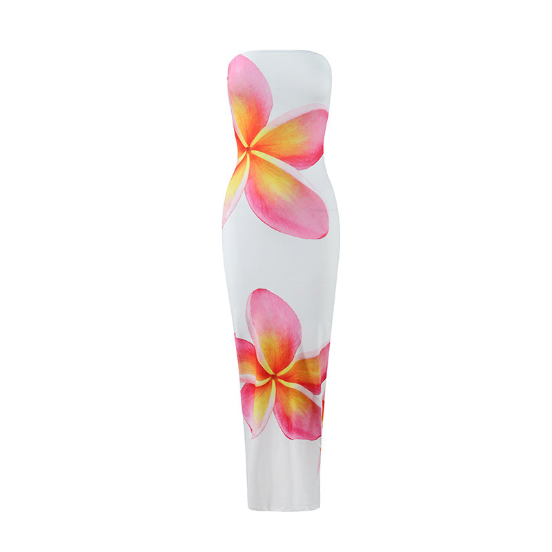 Robe longue d’été sans bretelles à imprimé floral