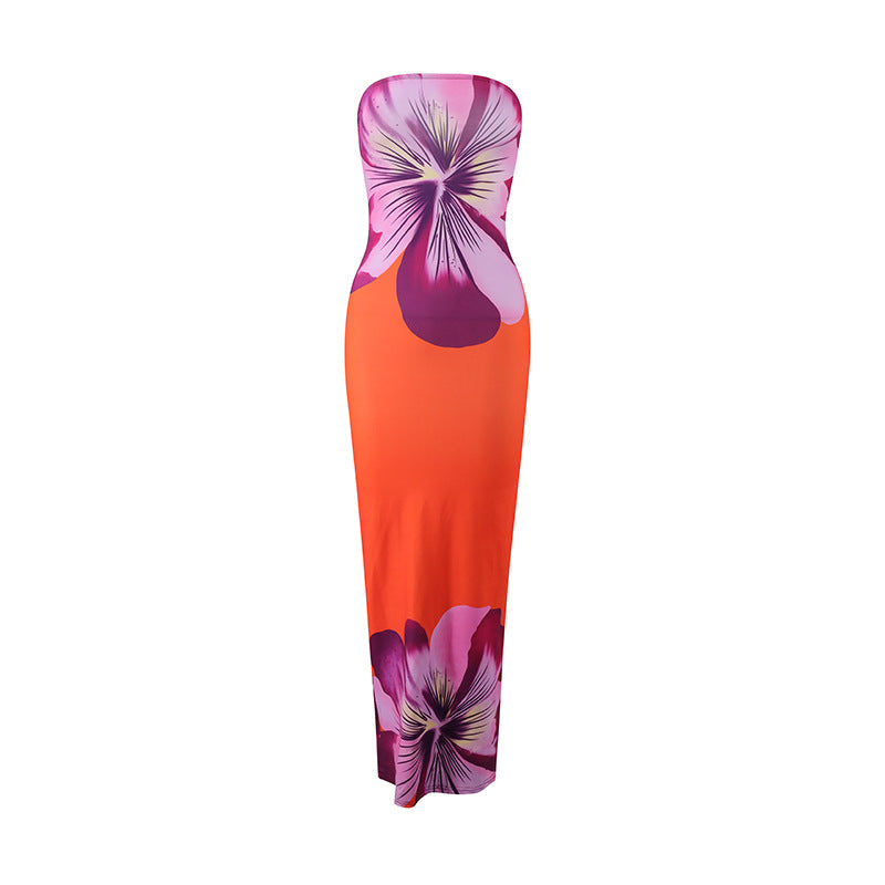 Robe longue d’été sans bretelles à imprimé floral