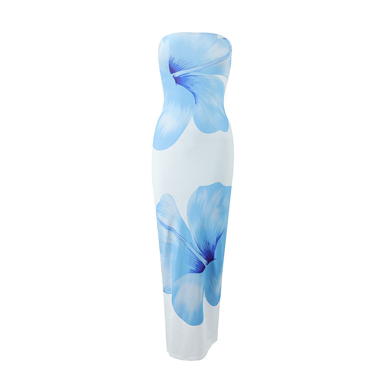 Robe longue d’été sans bretelles à imprimé floral
