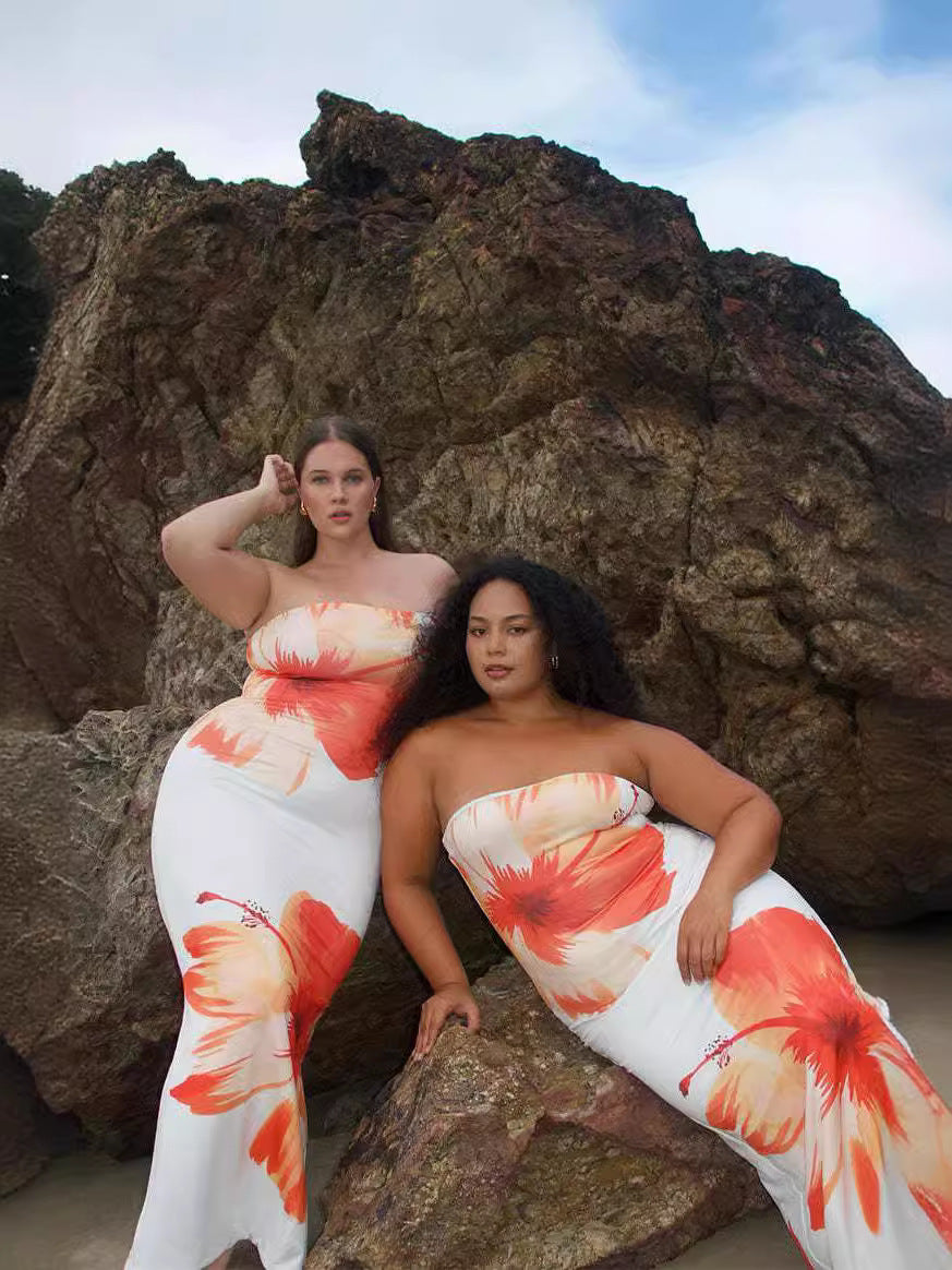 Robe longue d’été sans bretelles à imprimé floral