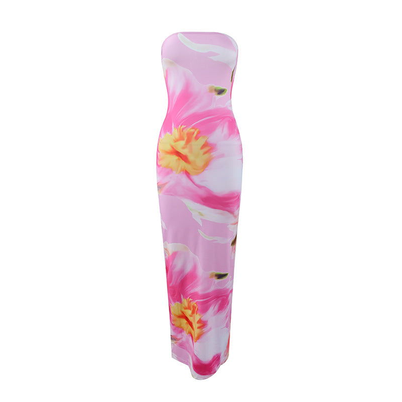 Robe longue d’été sans bretelles à imprimé floral