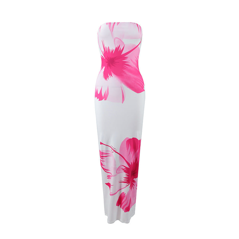 Robe longue d’été sans bretelles à imprimé floral