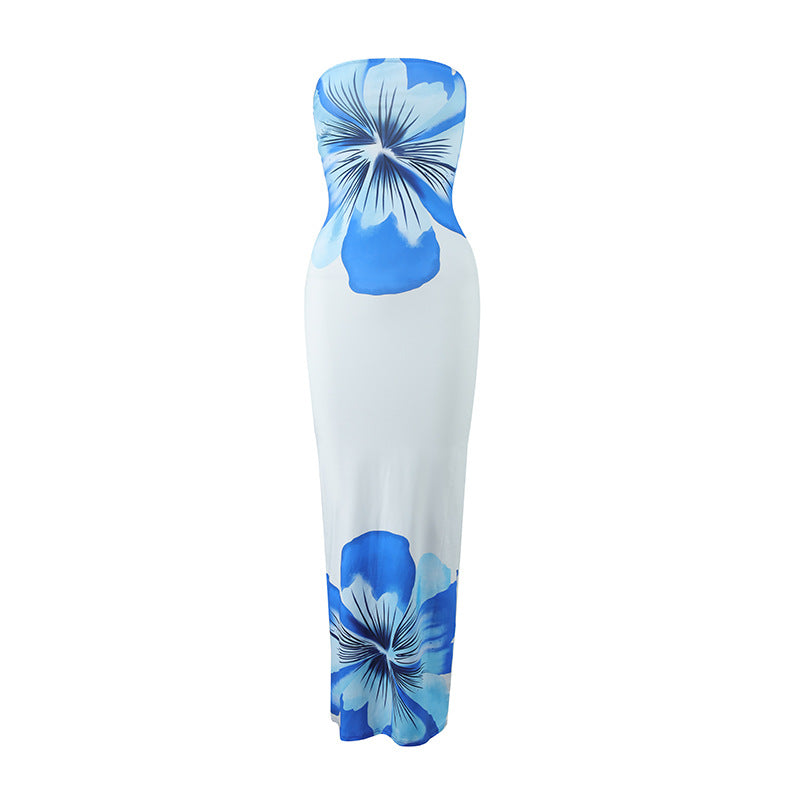 Robe longue d’été sans bretelles à imprimé floral