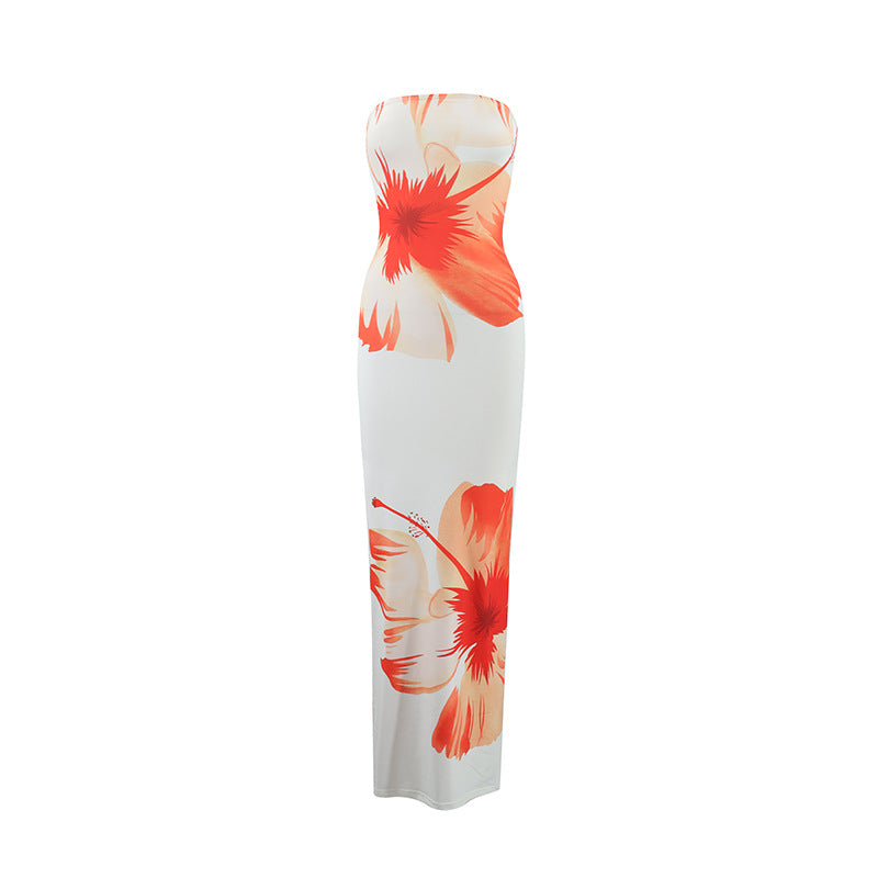 Robe longue d’été sans bretelles à imprimé floral