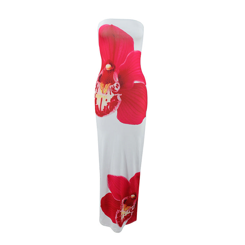 Robe longue d’été sans bretelles à imprimé floral