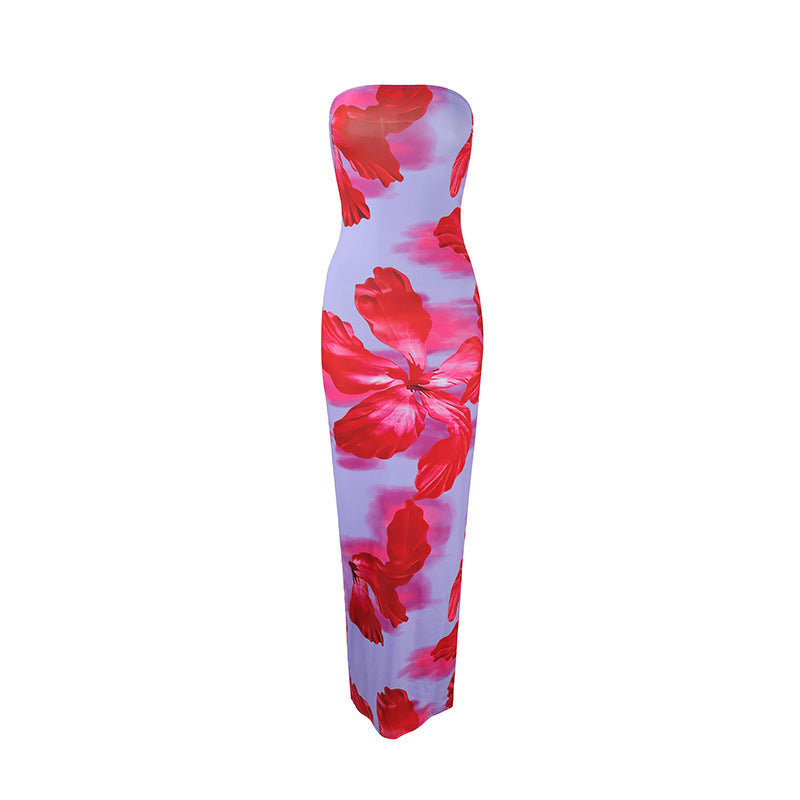 Robe longue d’été sans bretelles à imprimé floral