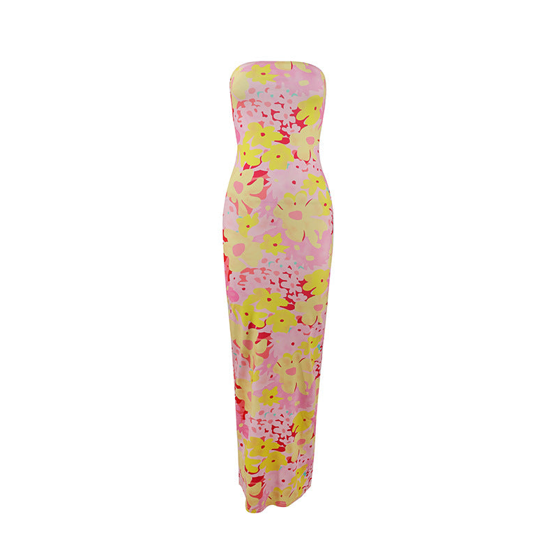 Robe longue d’été sans bretelles à imprimé floral